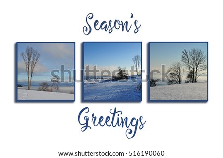 Three photos of winter scenes on white Christmas card. Coastal scenes with frost smoke. Season's Greetings in blue.