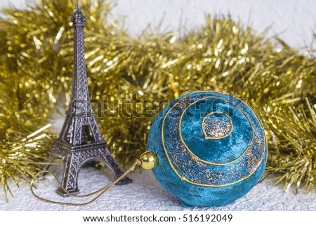 Christmas, New Year composition with Tour Eiffel and christmas decorations on white background