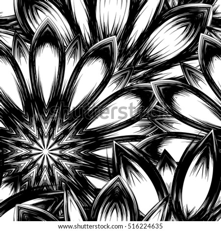 Floral background. Full seamless flower ornament for printing, textile, art design. Decorative vector backdrop. Monochrome, binary, black and white.