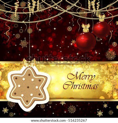 Vector Christmas card with Christmas decor, snowflakes on a golden and red background.