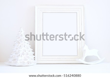 Christmas styled mockup portrait frame, christmas tree and rocking horse, overlay your business message, promotion, headline, or design, great for lifestyle bloggers and social media campaigns