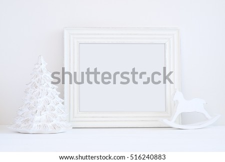 Christmas styled mockup landscape frame, christmas tree and rocking horse, overlay your business message, promotion, headline, or design, great for lifestyle bloggers and social media campaigns