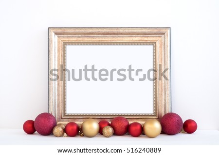 Christmas styled mockup landscape frame, with red and gold baubles, overlay your business message, promotion, headline, or design, great for lifestyle bloggers and social media campaigns