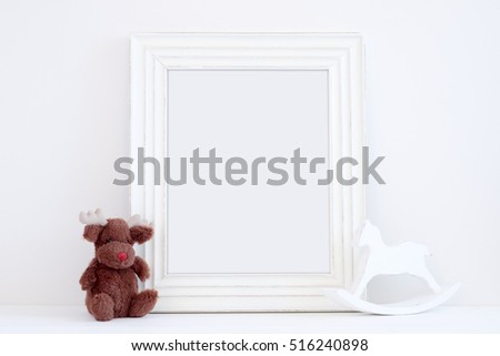 Christmas styled mockup portrait frame, toy reindeer and rocking horse, overlay your business message, promotion, headline, or design, great for lifestyle bloggers and social media campaigns