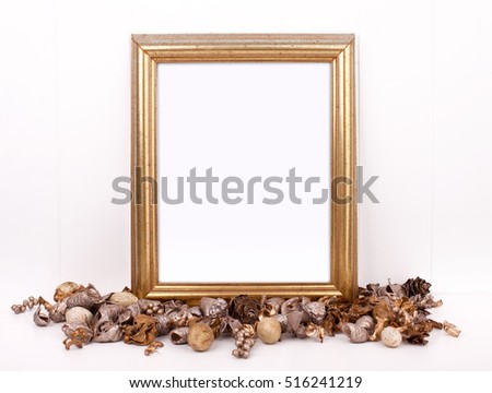 Christmas styled mockup portrait frame, gold potpourri in front of the frame, overlay your business message, promotion, headline, or design, great for lifestyle bloggers and social media campaigns