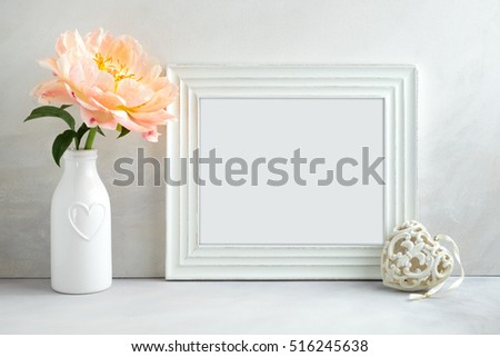 White landscape frame mock up with a peony & heart beside the frame, overlay your quote, promotion, headline, or design, great for small businesses, lifestyle bloggers and social media campaigns