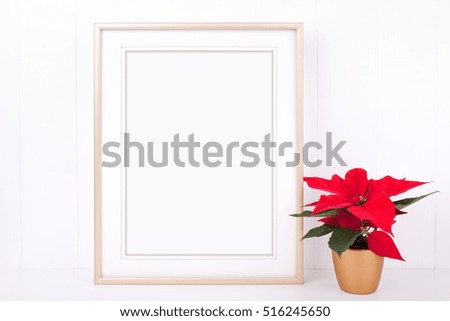 Christmas styled mock up portrait frame, poinsettia flower to the side of the frame, overlay your business message, promotion, headline, design, great for lifestyle bloggers and social media campaigns