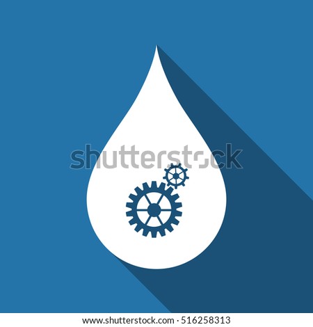 Water drop with gears. Abstract concept for ecology theme, green eco energy, technology and industry flat icon with long shadow. Vector Illustration