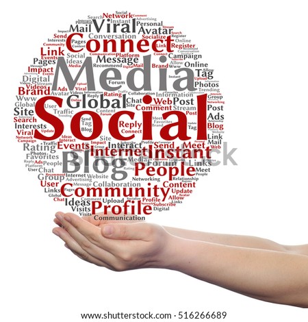 Concept or conceptual social media marketing or communication abstract word cloud in hand isolated on background metaphor to networking, community, technology, advertising, global, worldwide tagcloud