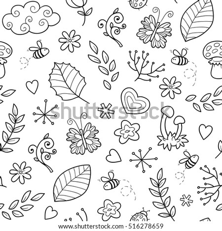 Vector black and white seamless pattern with items of nature on white background