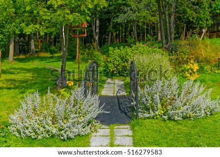Footpath with small bridge in summer forest