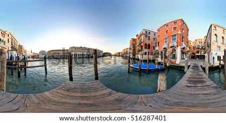 A 360 degrees view of Remer square from the pier on the Grand Canal in Venice. Royalty-Free Stock Photo #516287401