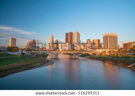 View of downtown Columbus Ohio Skyline at Sunset  Royalty-Free Stock Photo #516299311