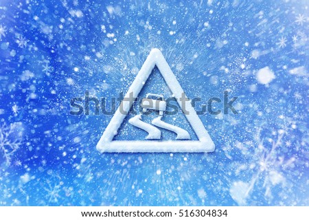 Winter snow slide warning symbol, snow automotive grahic slide background, driving winter background