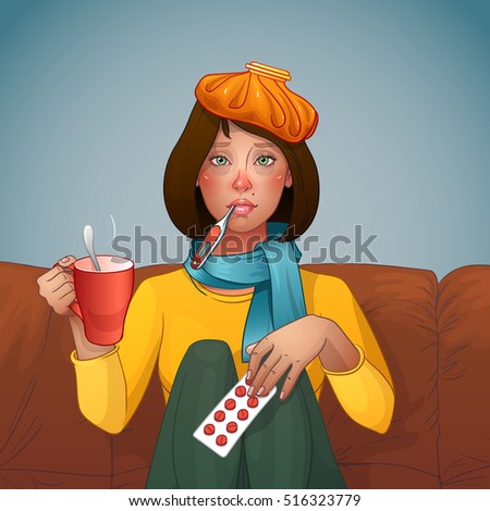 Sick Brunette girl. Cold. Medications, thermometer, cup of tea. Vector isolated illustration. Cartoon character. Young girl quinsy flu or any other virus cold. Woman sitting on sofa
