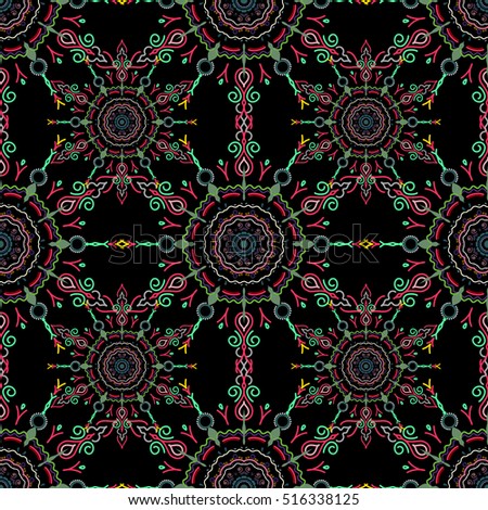 Vector seamless pattern of green, violet and pink ornament on a black background. Oriental, floral ornament. Templates for carpets, textiles, wallpaper and any surface.