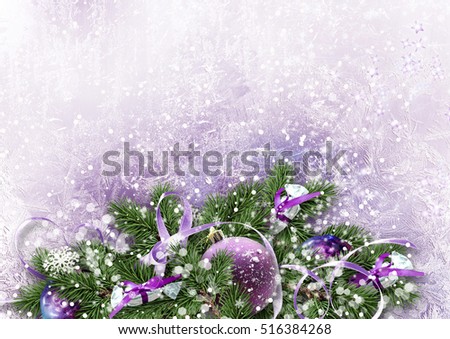 Frosty winter background with Christmas decorations and sweets