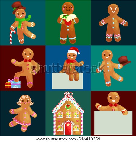 set christmas cookies gingerbread man and girl near sweet house decorated with icing dancing and having fun in a cap with the tree and gifts, xmas food vector illustration