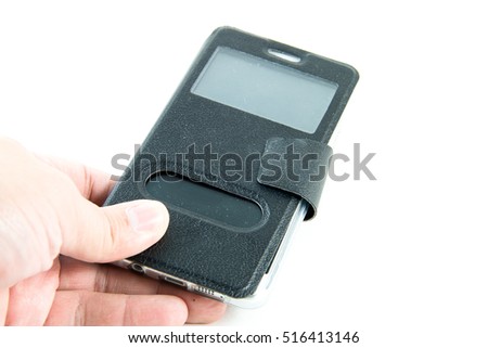 hand holding black phone in black case isolated on white clipping path inside