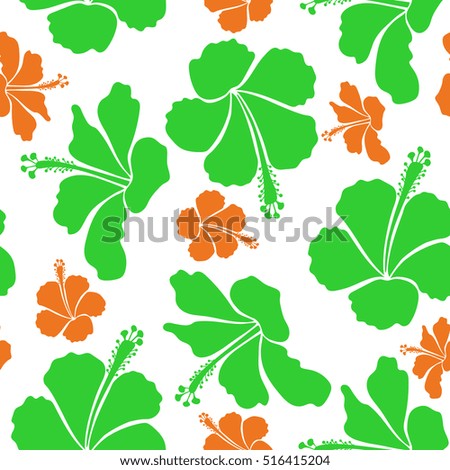 Seamless tropical flowers in orange and green colors. Hibiscus vector pattern on a white background.