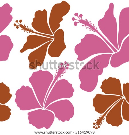Vector hibiscus in pink and brown colors on a white background. Seamless pattern with tropical flowers in watercolor style.