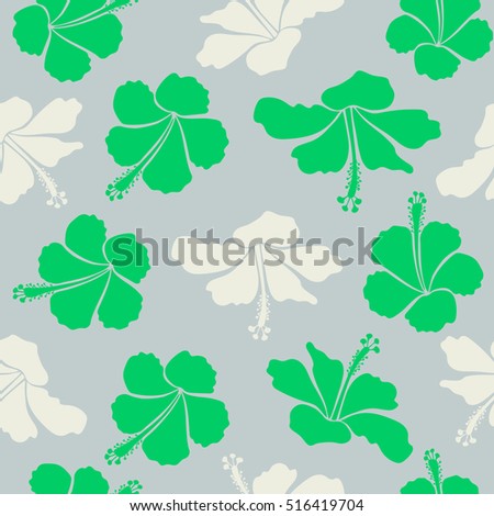 Bright hawaiian seamless pattern with gray, green and beige tropical hibiscus flowers.