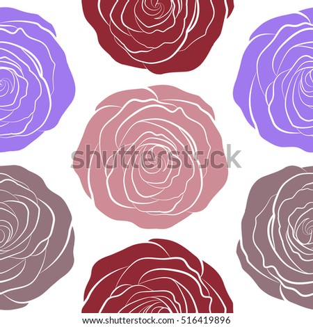 A vintage style vector seamless background pattern with hand drawn watercolor red, pink and violet rose flowers in bloom.