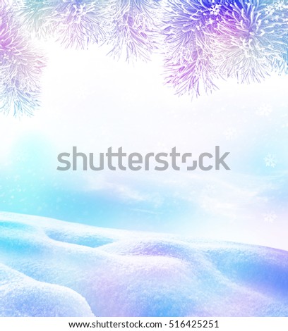 Winter. Snow covered trees. Festive frame with fir branches.
