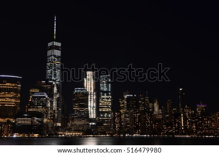 Manhattan skyline at night, NYC, USA.