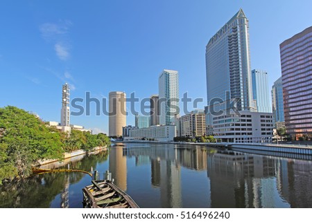 Partial Tampa, Florida skyline with Riverwalk Park and commercial buildings