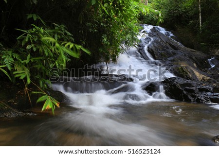 beautiful waterfall in green forest in jungle.Waterfall in mountains.waterfall in deep forest of Thailand.Image may contain soft focus and blur due to long exposure.selective focus.