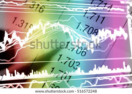 Data analyzing in Forex, Commodities, Equities, Fixed Income and Emerging Markets: the charts and summary info show about "Business statistics and Analytics value". -Digital information in dark tone.