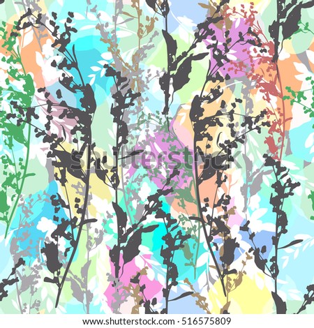 Silhouette floral pattern mixed plants pattern blue yellow floral stamps. Light garden pattern Pastel color background Grass pattern, colorful stamps.