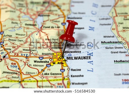 Map with pin point of Milwaukee in Wisconsin, USA