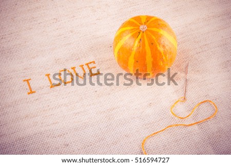 The words "I love you" embroidered in orange on the diagonal, one small decorative pumpkin, a needle with orange thread, closeup