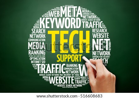 Tech support word cloud collage, business concept on blackboard