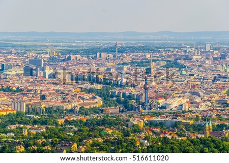 Aerial view of the historical center of vienna including stephamsdom cathedral belvedere palace, karlskirche church and many other sights from kahlenberg hill