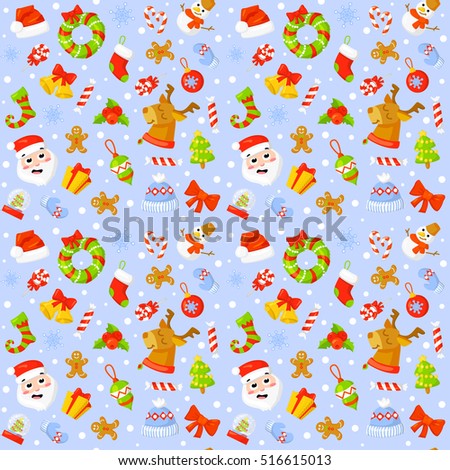 Seamless pattern with cute cartoon Christmas mittens, candy cane, holly berries, smiling snowman and red stocking with xmas tree New year traditional symbols. icons objects. Vector clip art
