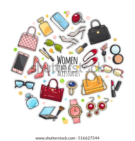 Patch of fashion accessories. Woman items and accessories. Collection of bags, shoes, high heels, sun glasses, phones, car keys, watch and cosmetics in circle on white background. Vector illustration. Royalty-Free Stock Photo #516627544