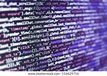 Web site codes on computer monitor. IT specialist workplace. Source code close-up. Programmer occupation job. Script procedure creating. Computer script typing work.  

