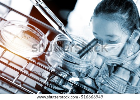 Double exposure of scientist using microscope with equipment and science experiments,Laboratory research, dropping liquid to test tube with chemical equations
