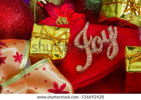 Christmas and New Year Background With Decorations and Gift Boxes on Wooden Board