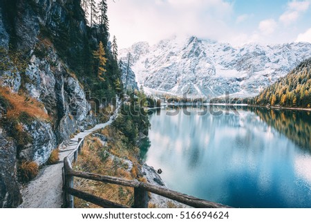 Great alpine lake Braies (Pragser Wildsee). Magic and gorgeous scene. Popular tourist attraction. Location place Dolomiti, national park Fanes-Sennes-Braies, South Tyrol, Italy. Europe. Beauty world.