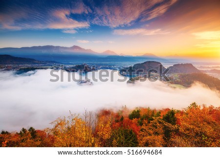 Aerial view of the island on alpine lake Bled from Osojnica viewpoint. Great and gorgeous morning scene. Popular tourist attraction. Location famous place Julian Alps, Slovenia, Europe. Beauty world.