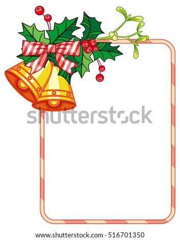 Vertical frame with holly berry and jingle bells. Copy space. Christmas decoration. Vector clip art.