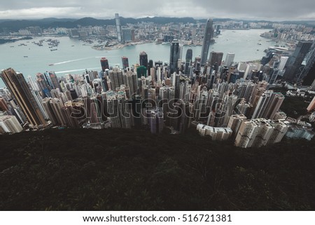 Hazy skyline of Hong Kong view from the Victoria Peak. 