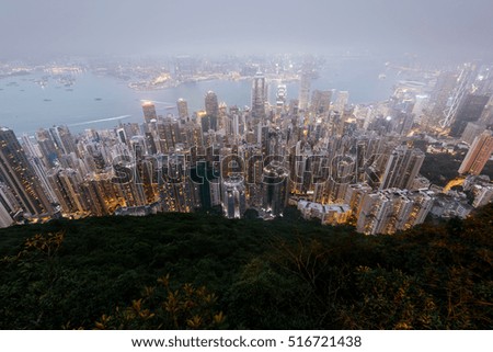 Hazy skyline of Hong Kong view from the Victoria Peak. 