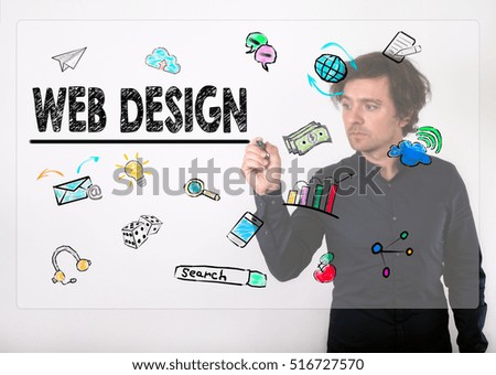 Web Design concept. Businessman writing with black marker on visual screen