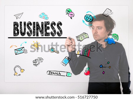 Business concept. Businessman writing with black marker on visual screen
