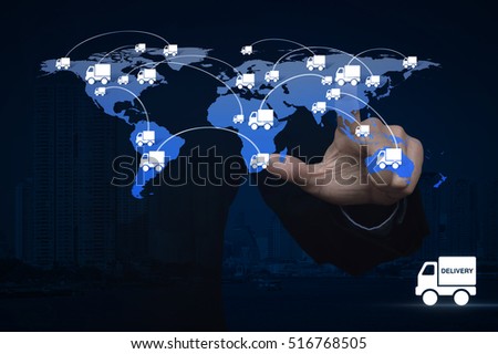 Businessman pressing delivery truck icon with connection line over map and city background, Logistic concept, Elements of this image furnished by NASA